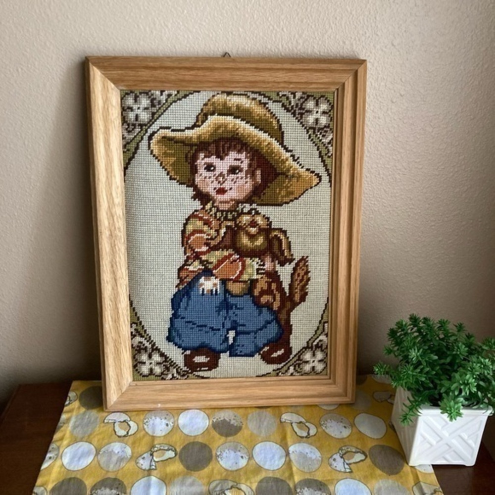 Vintage cottagecore boy and puppy needlepoint framed picture